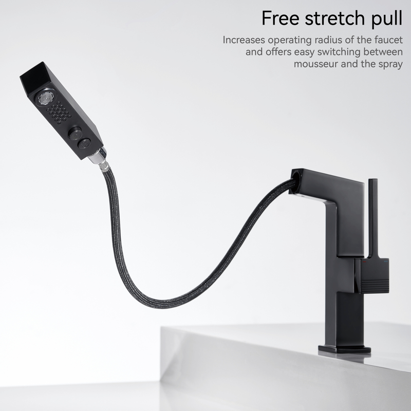 Grifos de baño Samliyu para el fregadero 1 orificio, manija de la manija de una sola manguera del lavabo del baño con 2 modos, 360 ° Rotaty con pulverizador extracción, lavabos modernos de baño grifo negro BF04006-N1-MB