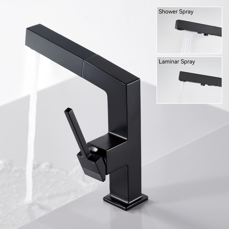 Grifos de baño Samliyu para el fregadero 1 orificio, manija de la manija de una sola manguera del lavabo del baño con 2 modos, 360 ° Rotaty con pulverizador extracción, lavabos modernos de baño grifo negro BF04006-N1-MB