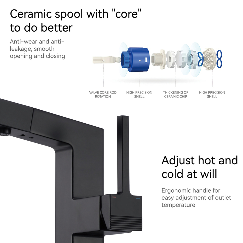 Grifos de baño Samliyu para el fregadero 1 orificio, manija de la manija de una sola manguera del lavabo del baño con 2 modos, 360 ° Rotaty con pulverizador extracción, lavabos modernos de baño grifo negro BF04006-N1-MB