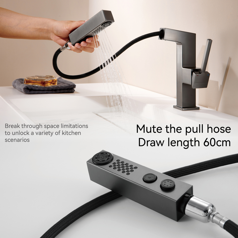 Grifos de baño Samliyu para el fregadero 1 orificio, manija de la manija de una sola manguera del lavabo del baño con 2 modos, 360 ° Rotaty con pulverizador extracción, fregaderos modernos de baño Pistola gris BF04006-N1-BGM