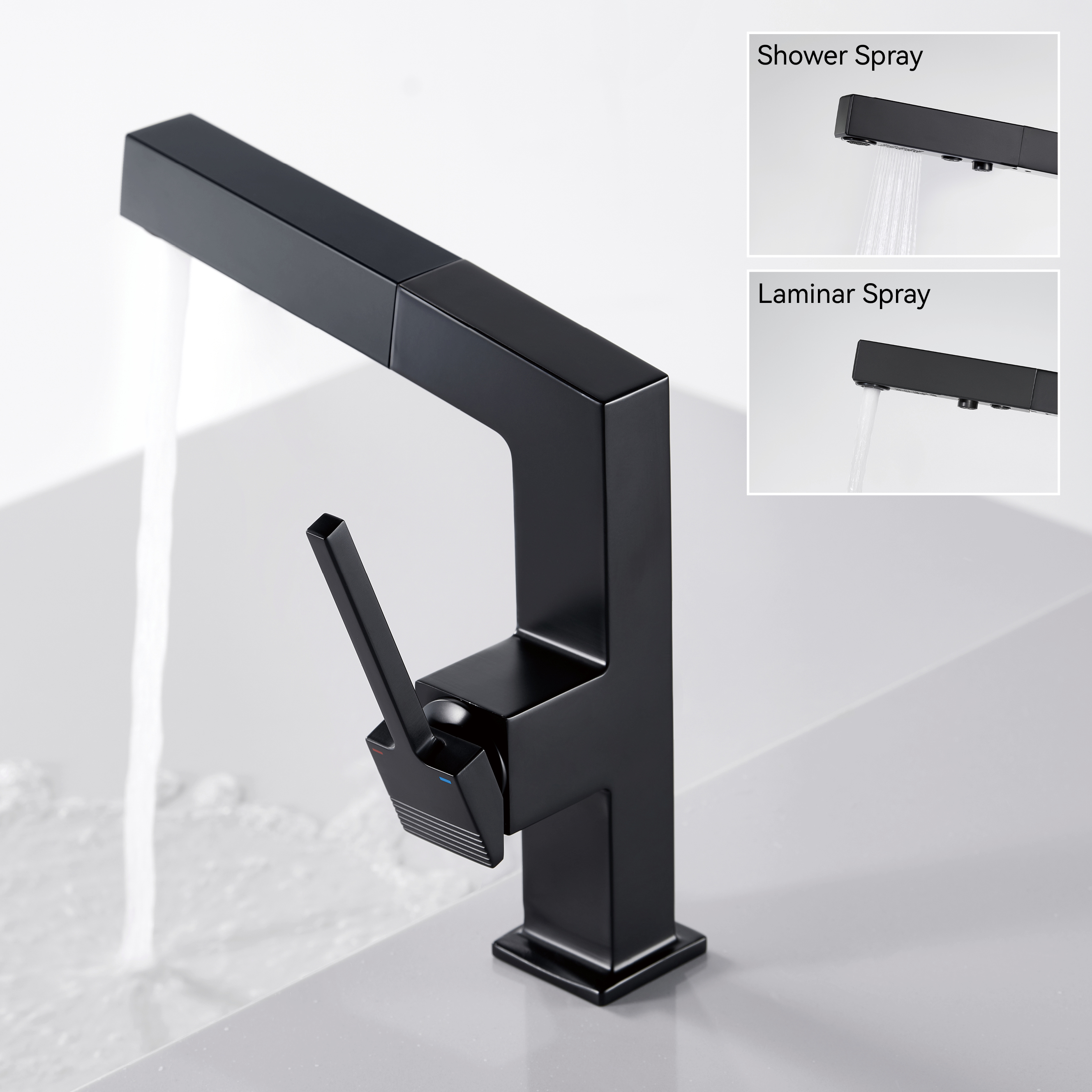 Grifos de baño Samliyu para el fregadero 1 orificio, manija de la manija de una sola manguera del lavabo del baño con 2 modos, 360 ° Rotaty con pulverizador extracción, lavabos modernos de baño grifo negro BF04006-N1-MB