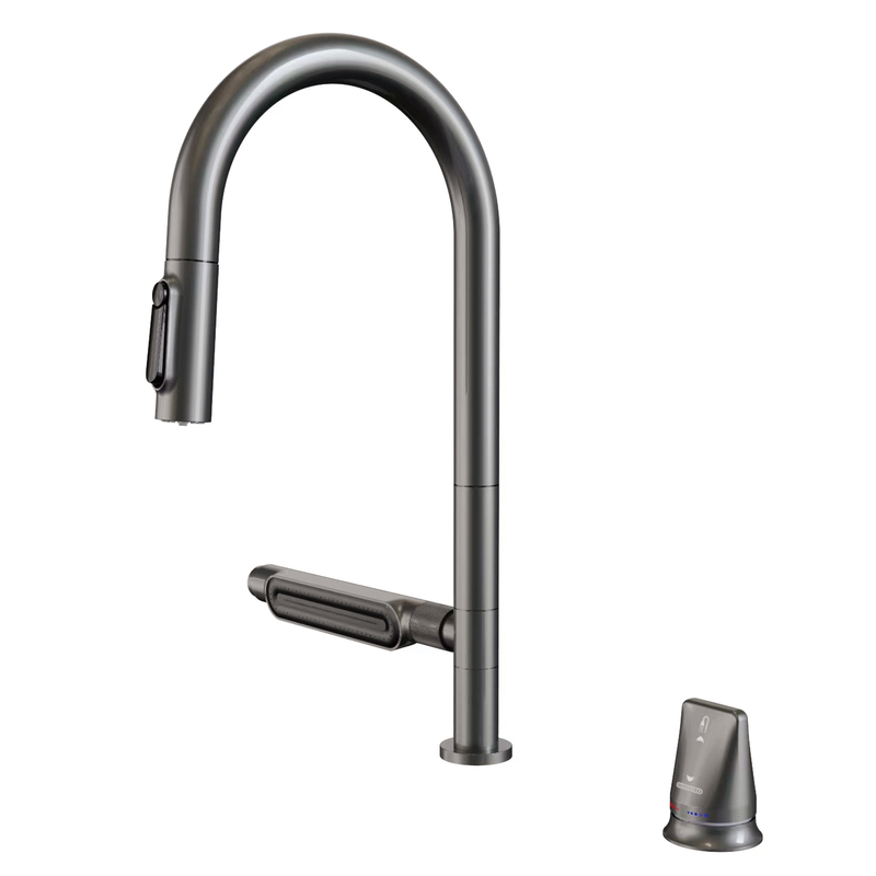Grifo de la cocina de la cascada del sly grifo de pistola cepillada popular dos agujeros de la lluvia voladora del grifo de cocina con el mango separado