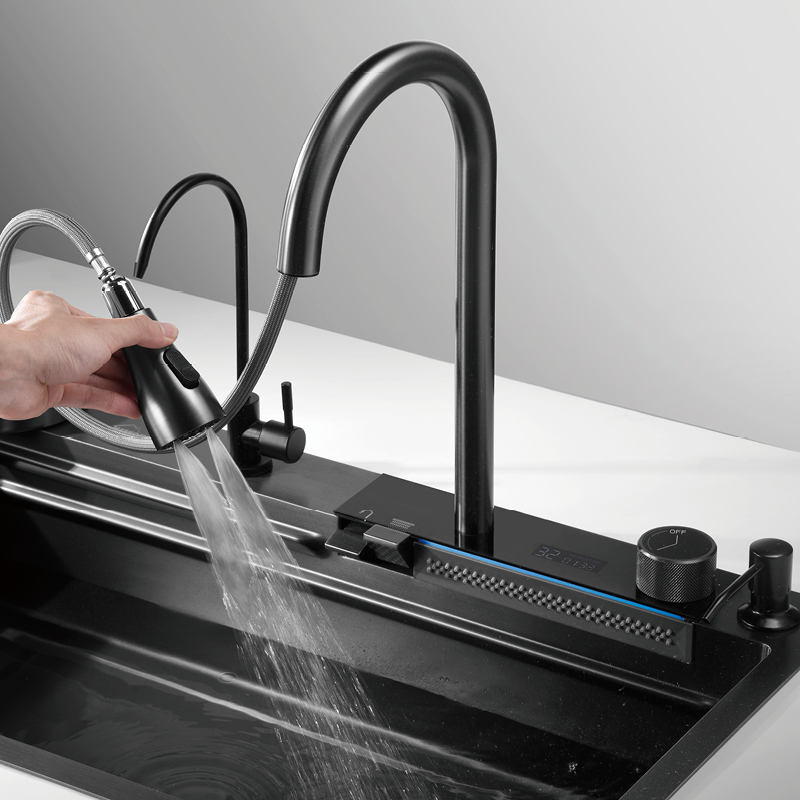 Cascada de la cocina Samliyu debajo de la casa Gran fregadero individual S.S304 Guño cepillado Metal Tiburón Tiburón Digital Pantalla Digital Flight Faucet