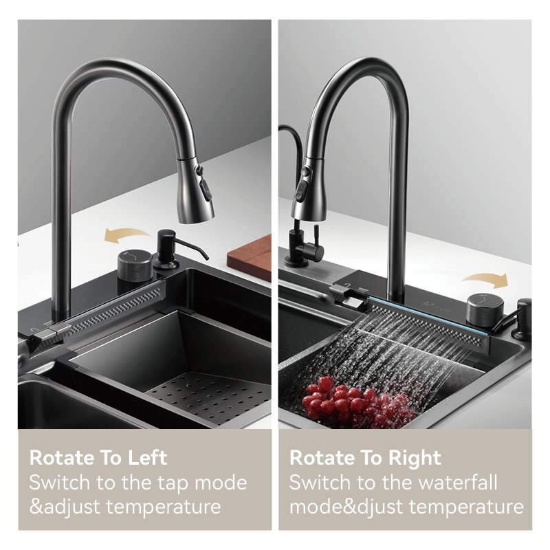 Cascada de la cocina Samliyu debajo de la casa Gran fregadero individual S.S304 Guño cepillado Metal Tiburón Tiburón Digital Pantalla Digital Flight Faucet