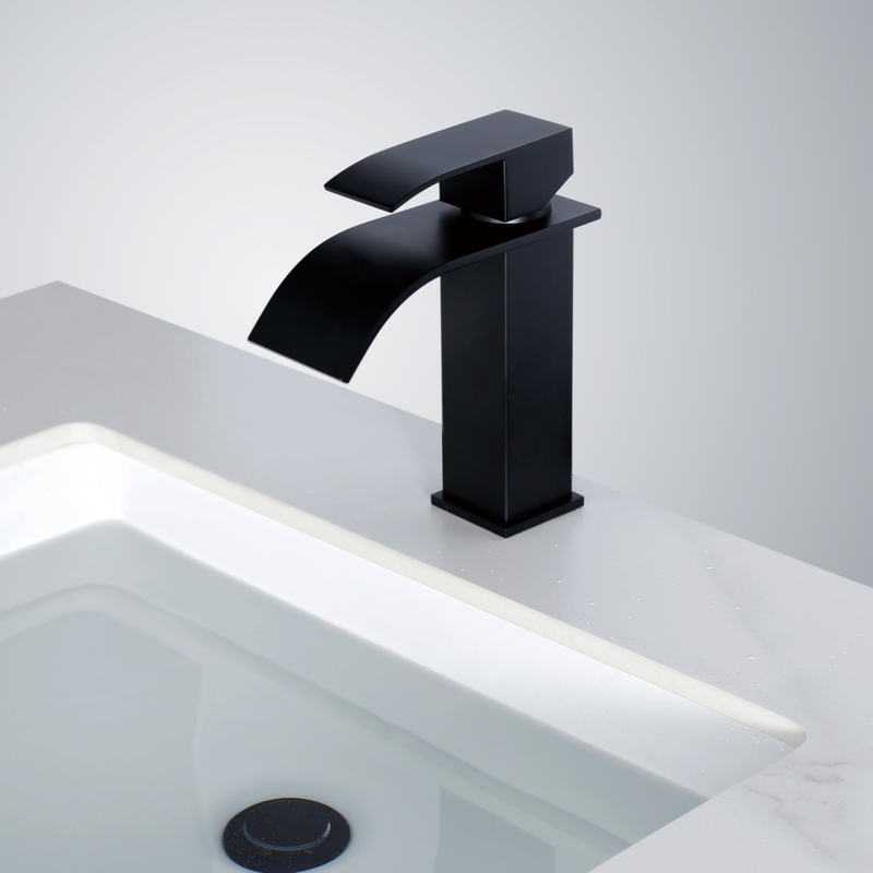 Sly Matte Black Waterfall Spout Baño de baño Mango individual Tocador de tocador de baño grifo