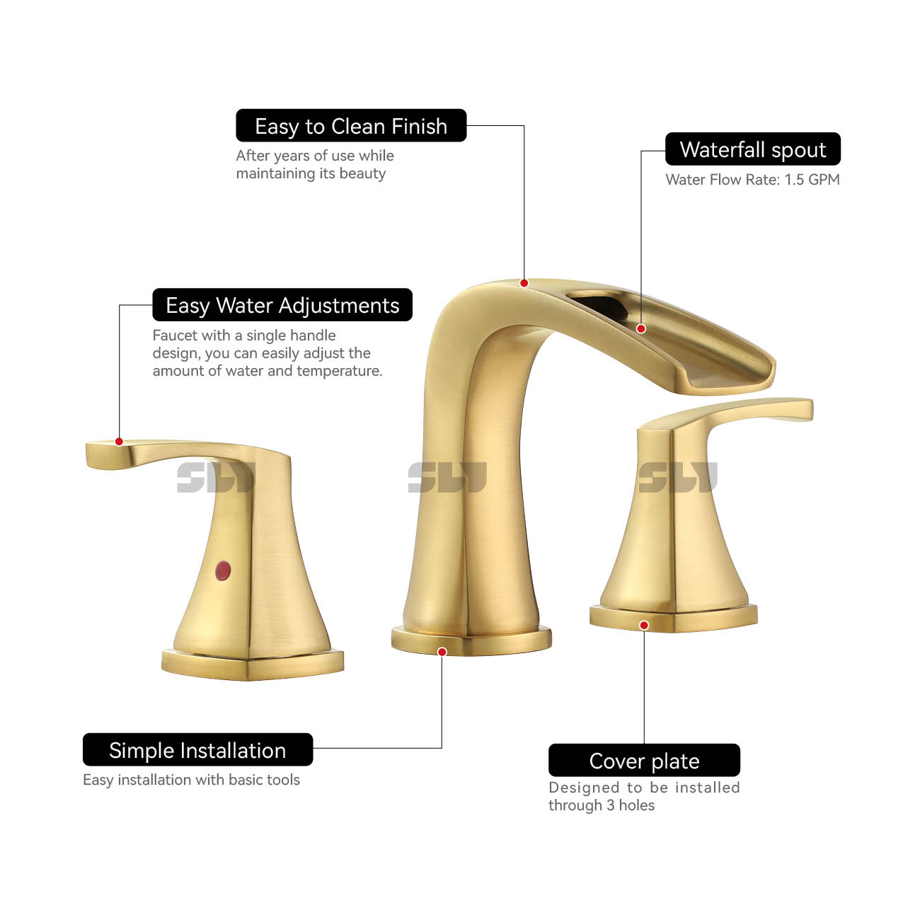 SLY Mezclador moderno de oro cepillado Lavabo de baño Grifo de lavabo Grifos de agua contemporáneos de dos manijas