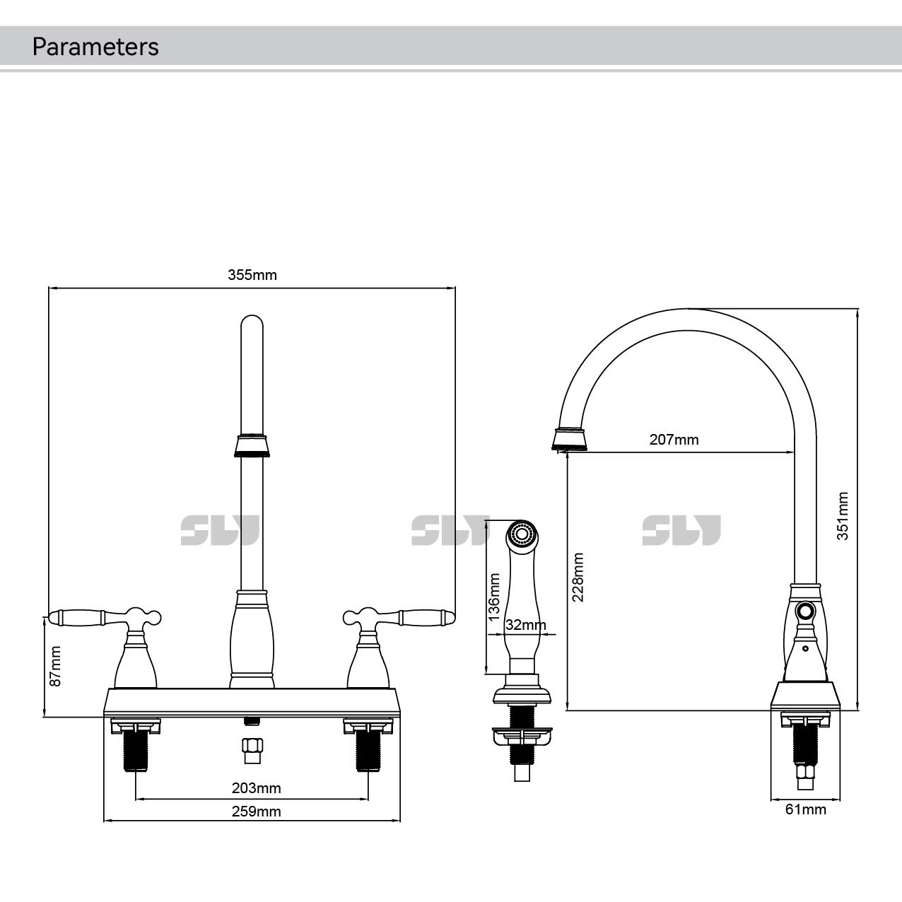 Grifos de cocina de 2 orificios Grifo central de 2 manijas
